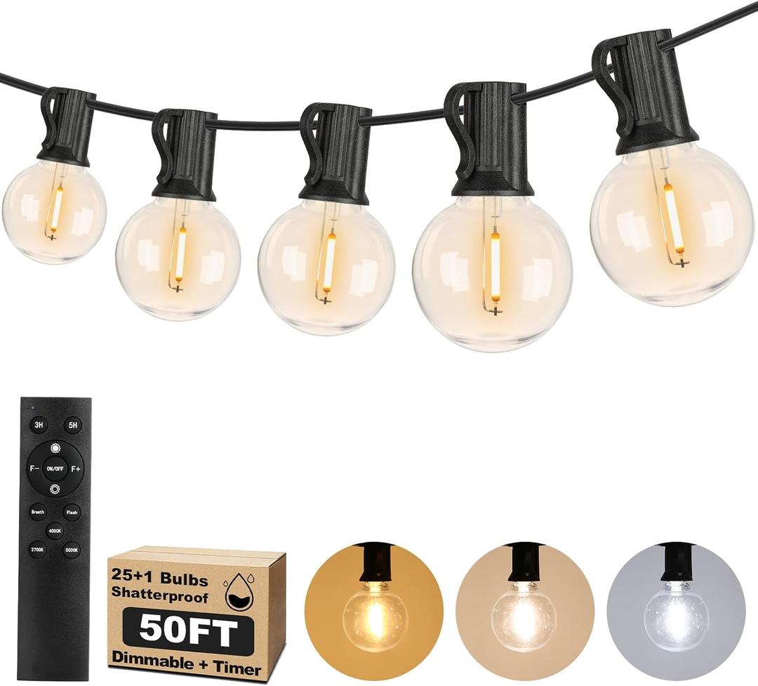 50FT Outdoor String Lights with 3 Color Lights, Dimmable G40 Globe String Lights for Outside with Remote, Waterproof Patio Lights with 25+1 Shatterproof Bulbs for Wedding Party Backyard Home Christmas (Black)
