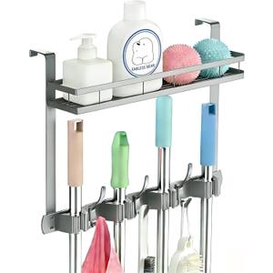 Broom Holder Over The Door Over Door Broom and Mop Rack Over The Door Hooks Organizer With4 Slots & 3 Hooks 1 Storage Basket For Laundry Room, Garage, Closet, Kitchen Decor (grey)