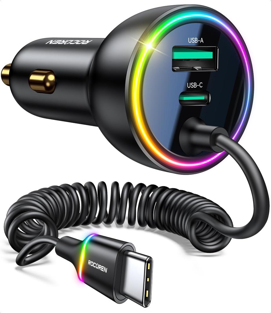 Rocoren 70W Car Charger for iPhone 16/15 Pro Max, USB C Car Charger Fast Charging with 5.2Ft Type C Coiled Cable, Super Fast USBC Phone Cigarette Lighter Adapter for iPhone 16e, iPad, Samsung,Android
