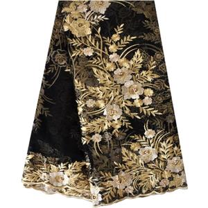 SanVera17 African Fabric Net Fabrics Embroidery Beaded Nigerian Embroidered Lace Fabric for Party Dress (Gold) 5 Yards 2205-5