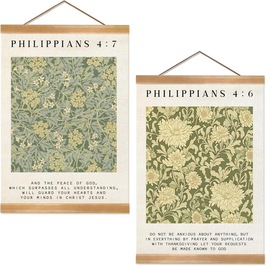 Inspirational Scripture Wall Art Poster,Christian Bible Verse Wall Poster with Solid Frame,Vintage Canvas Hanging Wall Art Decor for Bedroom, Living Room, and Office,Best Mother's day Gift for Mom Set of 2 (Philippians 4:6-4:7)