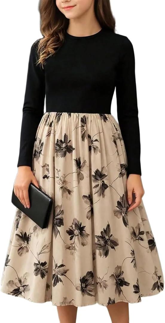 Seechoslo NEW Girls Elegant Dress Short Sleeve A-Line Floral Midi Party Special Occasion (US, Age, 13 Years, 14 Years, Black-Long Sleeve)