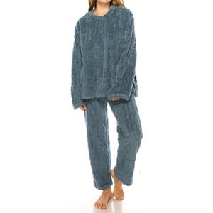 Womens Fleece Fluffy Comfortable Cozy Pajama Set Pullover Lounge Home Warm Wear for Winter Small Blue