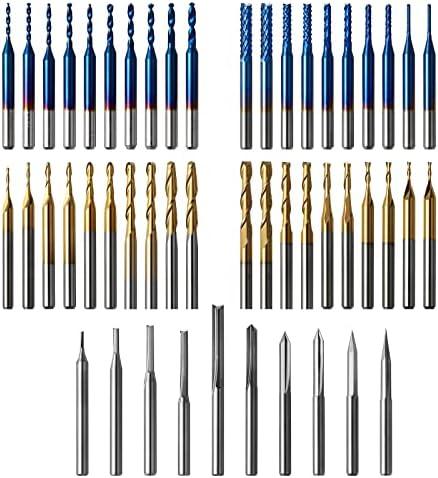 Genmitsu 50pcs Tungsten Carbide End Mill Router Bits, 1/8'' Shank CNC Bit Set Including 2-Flute Straight Bit, Flat Nose & Ball Nose End Mill, PCB Drill & V-Groove Engraving Bits, Nano Blue Coat, MC50A