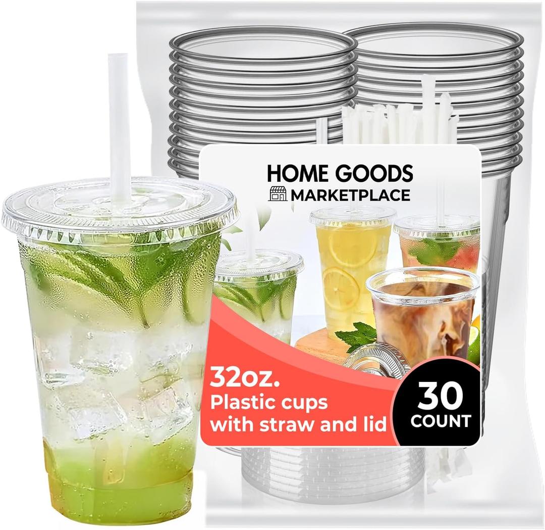 32 oz Clear Plastic Cups with Lids and Straws (30 Pack)  Large Disposable Cold Drink Cups for Soda, Iced Coffee, Smoothies, and Tea  Durable PET To-Go Cup with Leak-Resistant Flat Lid