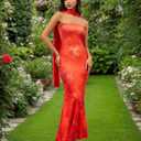 Women Floral Strapless Maxi Dress Sexy Backless Flowy Bodycon Tube Long Dress with Scarf (Red, L)