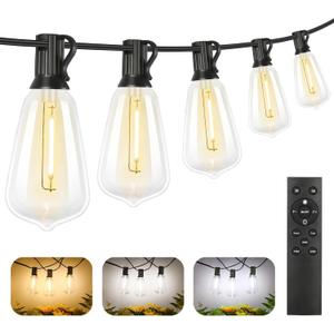 Brightever Dimmable Outdoor String Lights with Remote, 3 Colors in 1 LED Patio Light for Outside with 25+1 ST38 Edison Bulbs, 50FT 3 Modes Gazebo Lighting Waterproof for Camping, 2700K/4000K/5000K (Black Wire)