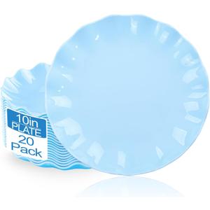LIYH 20 Pcs 10 Inch Light Blue Plastic Plates Reusable - Unbreakable Scalloped Dinner Plates for Baby Shower Party Outdoor Picnics Dishwasher Safe BPA Free, Blue