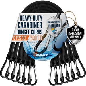 18 Inch Bungee Cords with Hooks - Heavy Duty Outdoor Black Bungee Cords with Carabiner Hooks - 6 Pack Small Bungie Cord Set - Strong Bungy Cords, Bunjee Straps with Clips