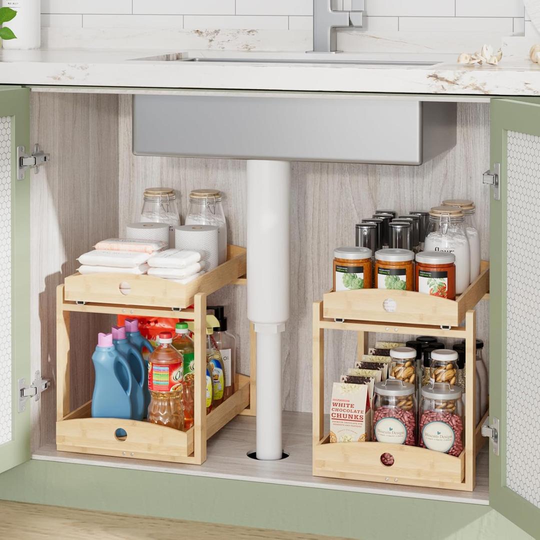 Bamboo Wood Under Sink Organizer 1 Pack, Pull Out Cabinet Organizer 2 Tier Under Sink Organizers and Storage with Sliding Drawer Sturdy Easy Assembly for Kitchen Bathroom Undersink (Nature, 2 Packs)