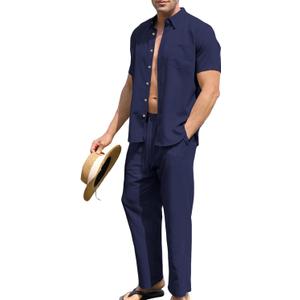 URRU Mens 2 Piece Linen Outfit Summer Beach Short Sleeve Button Down Shirt and Pants Set (XX-Large, Navy Blue)