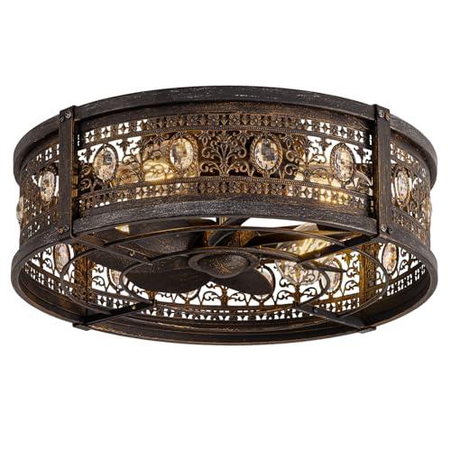 Vintage Caged Ceiling Fans with Lights and Remote,Victorian Hand-Antiqued Rustic Crystal Fandelier,Low Profile Flush Mount,Enclosed Bladeless Ceiling Fan with Light for Bedroom,Kitchen,Hallway(Black)