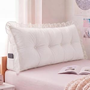 Leinuosen 39 in Ruffle Wedge Headboard Pillow for Dorm Twin XL College Bed Reading Bolster Dorm Velvet Triangular Bed Backrest Wedge Pillow Cushion for College Reading Support(White)