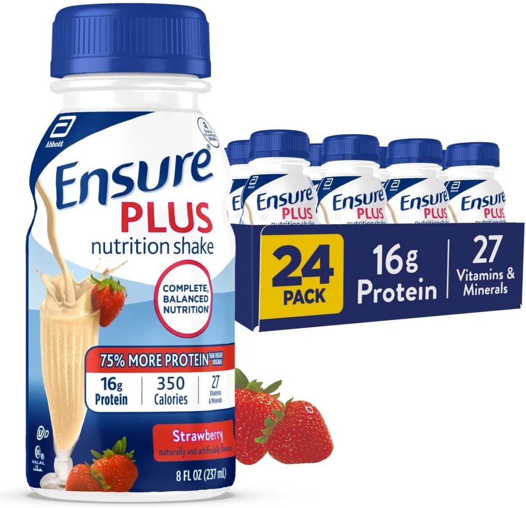 Ensure Plus Strawberry Nutrition Shake | Meal Replacement Shake | Ready To Drink | 16g Protein and 27 Vitamins and Minerals | 8 fl oz - 24 Pack BB 11/1/26