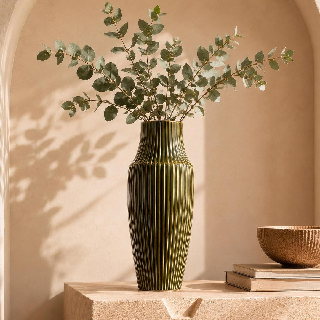 Tall Ceramic Vase Green, Large Flower Vase for Home Decor - 14 Inch