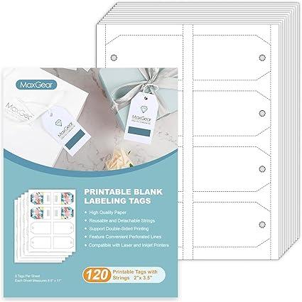 MaxGear 120 Price Tags With String - Gift and Clothing Hang Tags for Clothes, Jewelry, and Gifts - 2" x 3.5" Printable Paper Labels (22802) for Easy Organization