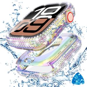 Tensea [2 in 1 for Waterproof Apple Watch Screen Protector Case Series 10 42mm Accessories, iWatch Hard Diamond Front and Back Bumper Case with Tempered Glass Film, Bling Face Cover Women, 42 mm (Iridescent)