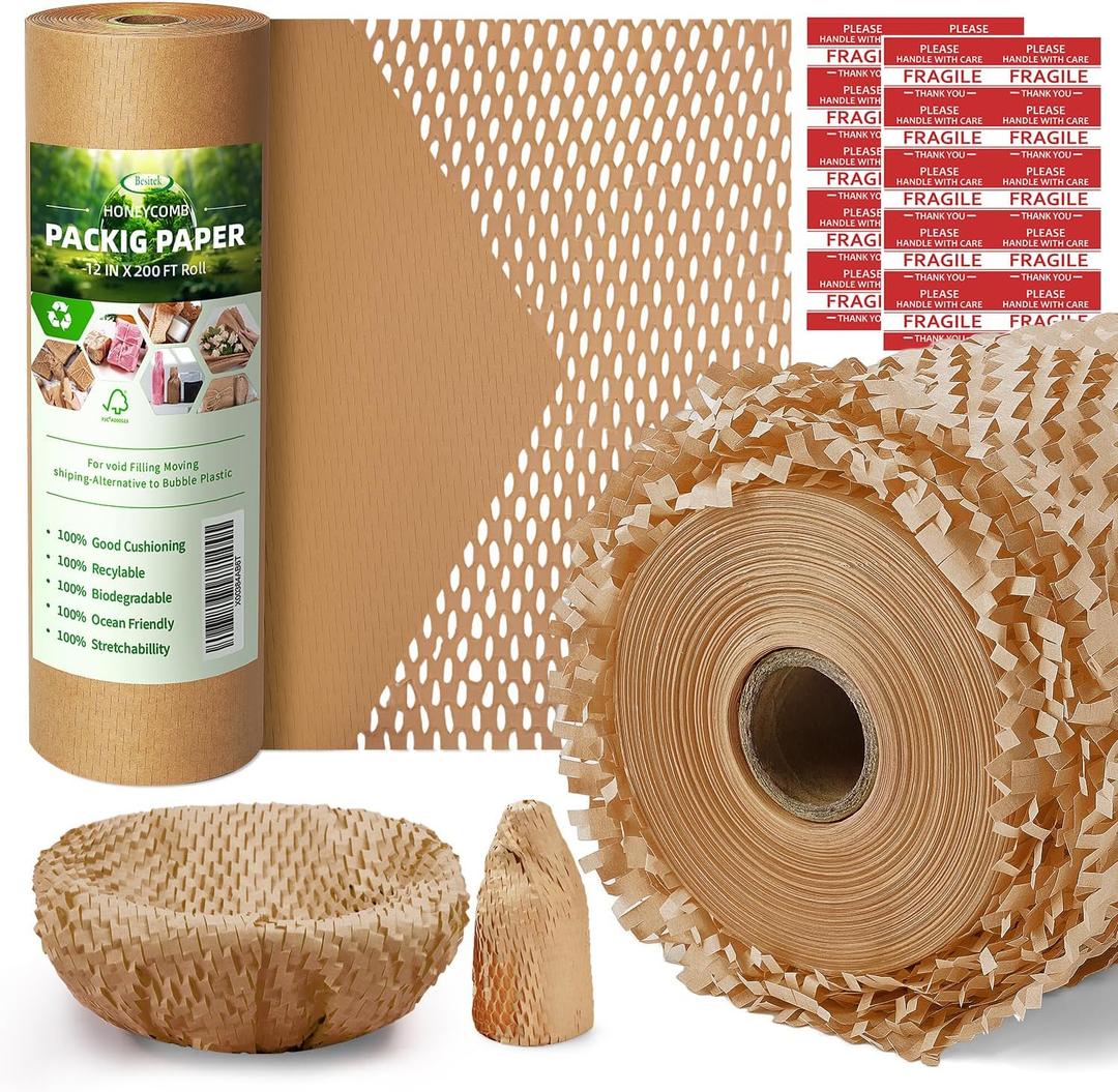 Honeycomb Packing Paper,12" W x 200' L Bubble Cushioning Wrap for Moving,Products & Gifts Wrapping Paper,Recyclable and Biodegradable Cushioning Packing Material with 20 Fragile Sticker Labels Honeycomb Packing Paper,12" W x 200' L Bubble Cushioning Wrap for Moving,Products & Gifts Wrapping Paper,Recyclable and Biodegradable Cushioning Packing Material with 20 Fragile Sticker Labels