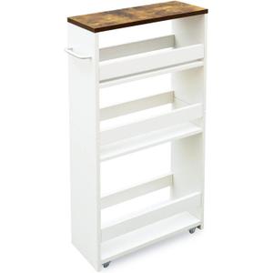 TEAMIX 4 Tier White Slim Storage Cart with Handle, Slide Out Storage Rolling Utility Cart Mobile Shelving Unit Organizer Trolley for Small Spaces Kitchen Laundry Narrow Places (5-1/2'' W)