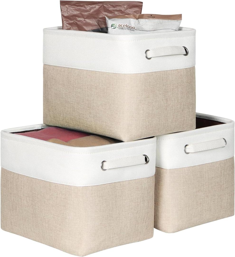 Foldable Storage Bin Collapsible Fabric Storage Basket Cube with Durable Handles Closet Organizer Bins for Organizing Shelves Drawers, Set of 3, 12" x 10" x 9.5", Beige