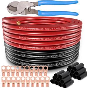 4 Gauge Wire (25FT Black+25FT Red) Copper Clad Aluminum CCA,20PCS Lugs Terminal Connectors,20PCS 3:1 Heat Shrink Tube and a 10 Inch Heavy Duty Cable Cutter