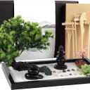 Zen Garden Kit for Desk Decor - Premium Beautiful Japanese Mini Sand Box Set Home, Office with Black Wooden Tray, White Sand, Rake Tools Desktop Meditation, Therapy and Accessories