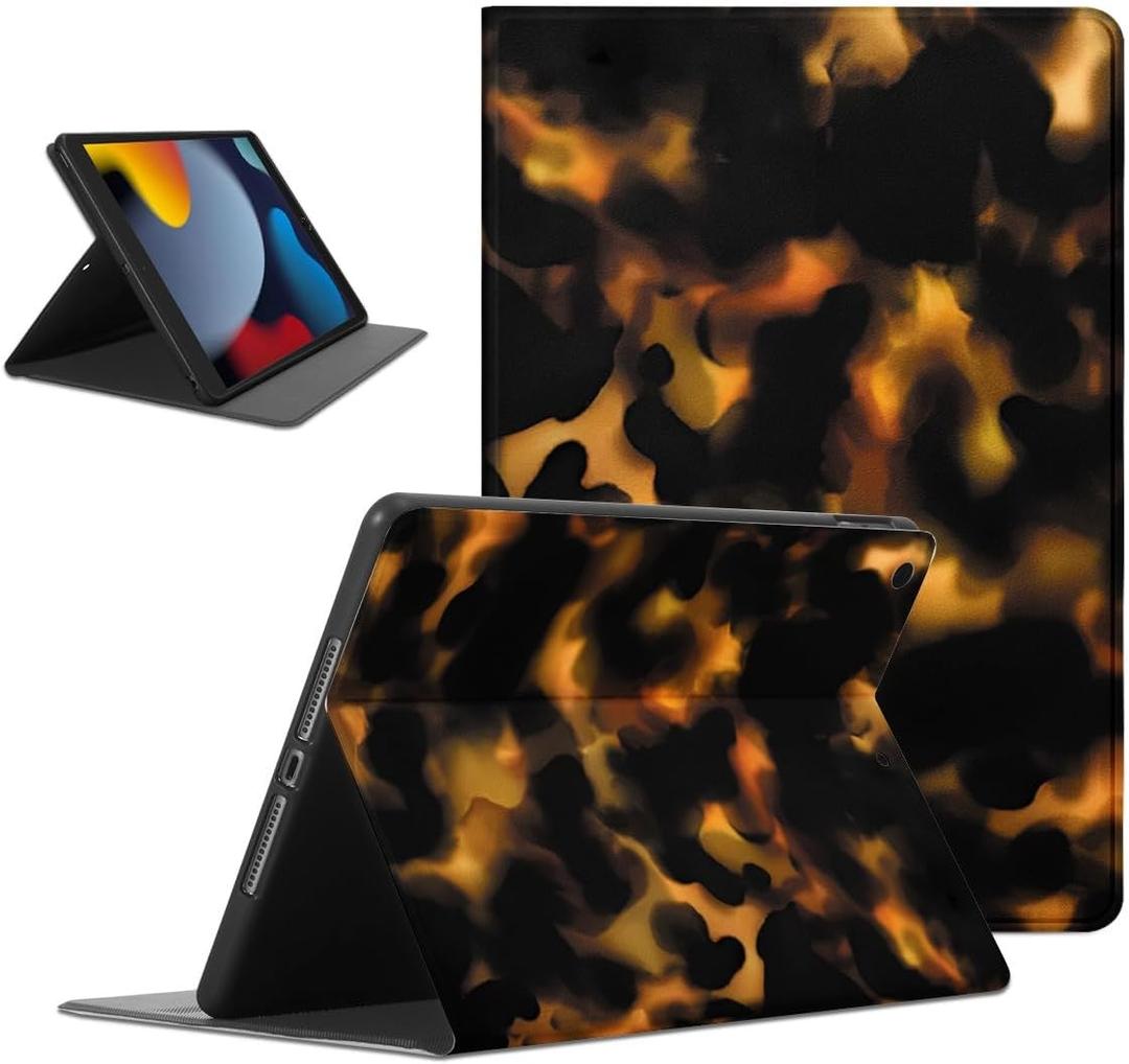 Cool Brown Amber Tortoise Shell Tablet Case for iPad 9th/8th/7th Gen 2021/2020/2019 10.2", TortoiseShell Print Design Trendy Cover for Girls Boy, Fashion Protective Funda Flip PU Leather Cases