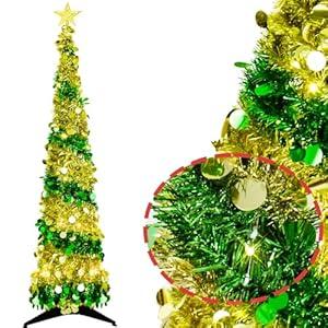 luxfcup 5FT Pop up Christmas Tree Decoration for Indoor, Gold Green Tinsel Pencil Tree with Lights, Mini Sparkling Sequins Pre-lit Christmas Tree Small Artificial Pencil Tree Lighted up Decoration