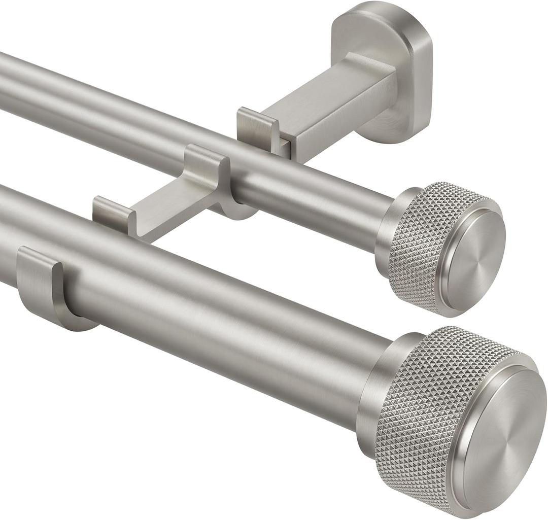 1-1/8 inch Double Curtain Rod - Premium Nonadjustable 36in/3ft Drapery Rods - Heavy Duty Dual Curtain Rods for Windows - Solid Aluminum Finials & Adjustable Concealed Mounting Bracket - Brushed Nickel