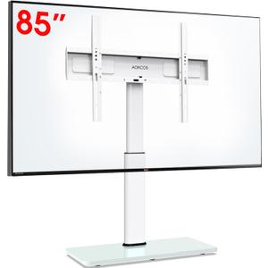 Universal TV Stand Table Top TV Mount Stand for 43 to 75 80 85 inch TVs, Tilting, 50 Degree Swivel, 8 Level Height Adjustable, Heavy Duty Tempered Glass Base, Holds up 132lbs, White