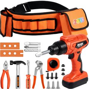 JOYIN 19Pcs Kids Tool Set, Construction Belt & Electronic Drill, Pretend Role Play Toddler Power Toy for Boys Girls, Birthday Gifts Outdoor Preschool Ages 3 4 5 6 7 Years Old