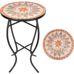 VCUTEKA Mosaic Side Table, 21" Round End Table with 14" Ceramic Tile Top, Patio Accent Table Indoor and Outdoor End Table for Yard, Garden, Living Room, Bistro Balcony or Lawn Golden Sun