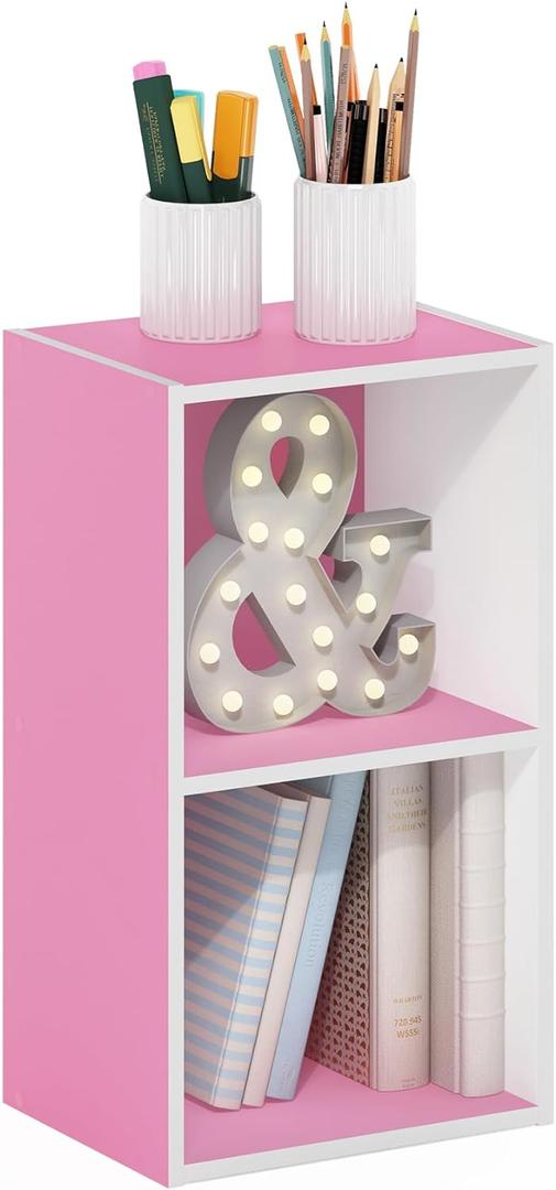 Furinno PASIR Book Shelf, 2-Tier Modern Bookshelf, Open Shelves Bookcase 9 x 12 x 21, Easy Assembly, for Living Room, Bedroom, Home Office, Pink/White, 2-Tier Cube