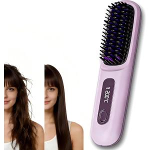 Cordless Straightening Brush, Mini Travel Heat Brush MCH Heating with LED Display USB-C Recharge Anti-Damage Styling Comb for Short Hair (Purple)