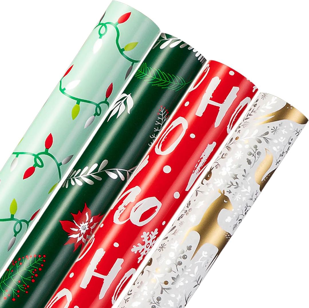 Christmas Wrapping Paper (4 Rolls: 148 sq. ft. ttl) Reindeer, Christmas Pine Tree Leaf, Snowflakes, Rabbit Squirrel Bird Fox - 30 inches x 14.8 feet Per Roll - Holiday Elements Collection for Gifts