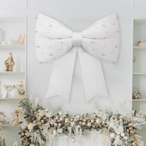 Gejoy 24 Inch White Christmas Giant Bow with Pearl Oversized Pearl Satin Bow Xmas Elegant Decoration for Christmas Tree Decorations Holiday Party Front Door Patio Outdoor Decor