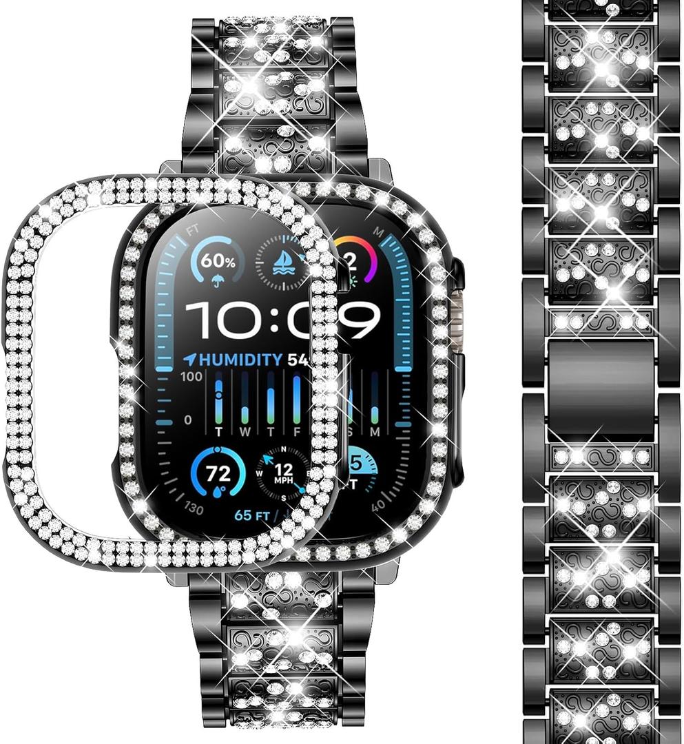 SUPOIX Compatible with Apple Watch Band 49mm + Case, Women Jewelry Bling Diamond Metal Bands & 2 Pack Protective Cover Cases for iWatch Ultra(Black)