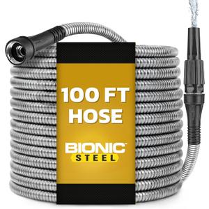 BIONIC STEEL 100 Ft Metal Garden Hose with Sprayer Nozzle, Non Kinking Designed Stainless Steel Heavy Duty Water Hose 100 Ft x 5/8 in. Flexible NON Expandable for Uninterrupted Water Flow, 500 PSI