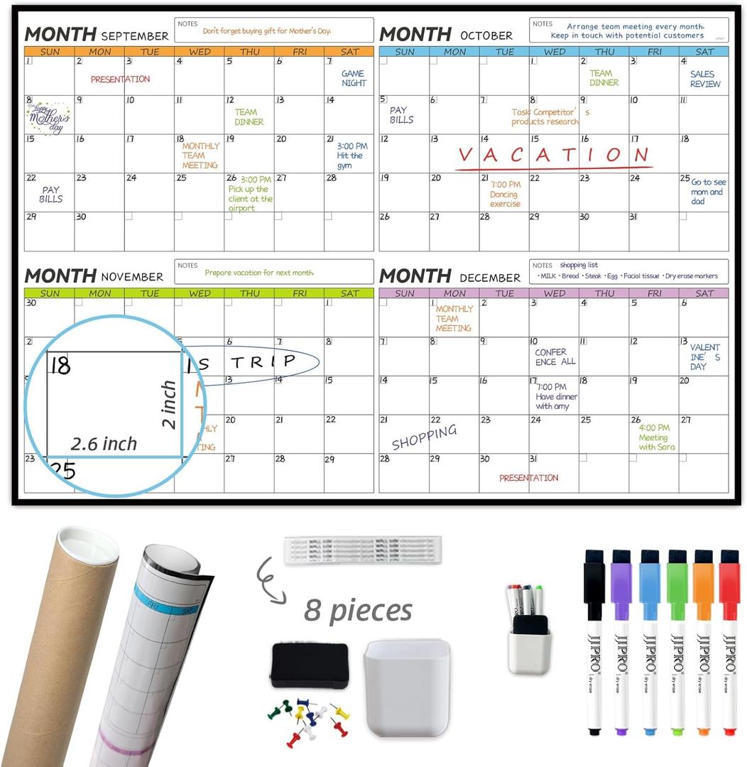 JJPRO Dry Erase 4 Month Wall Calendar - 38x26 Inches - Blank Undated 4 Month Dry Erase Calendar for Wall-Premium Laminated Whiteboard Planner-Reusable 4 Month Jumbo Office Calendar