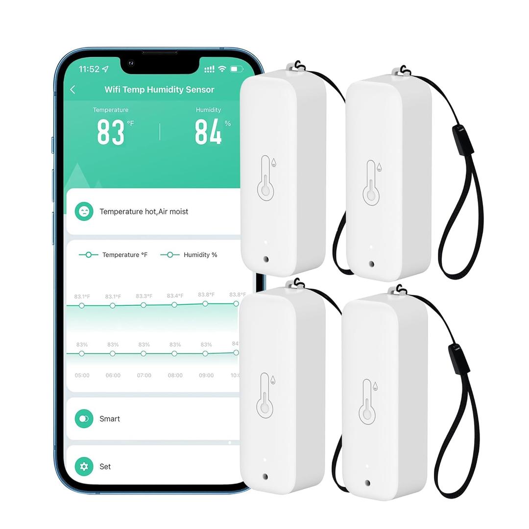 WiFi Thermometer Hygrometer: Smart Temperature Humidity Sensor with App Notification Alert, Data Storage Export, Calibrated Indoor Temperature Monitor, for Room Greenhouse Wine Cellar (4-Pack White)