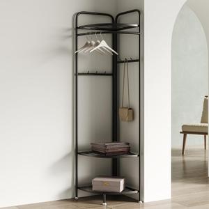Corner Coat Rack, Corner Clothing Rack With 6 Hooks And Storage Shelf, Metal Clothes Rack Coat Stand For Entryway, Bedroom