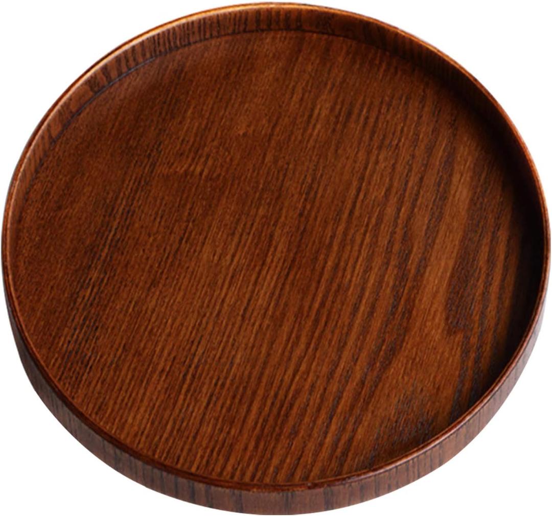 Solid Wood Serving Tray, Decorative Serving Trays Platter Round Non-Slip Tea Coffee Snack Plate Food Meals Serving Tray with Raised Edges for Home Kitchen Restaurant (11.8inch, Brown)