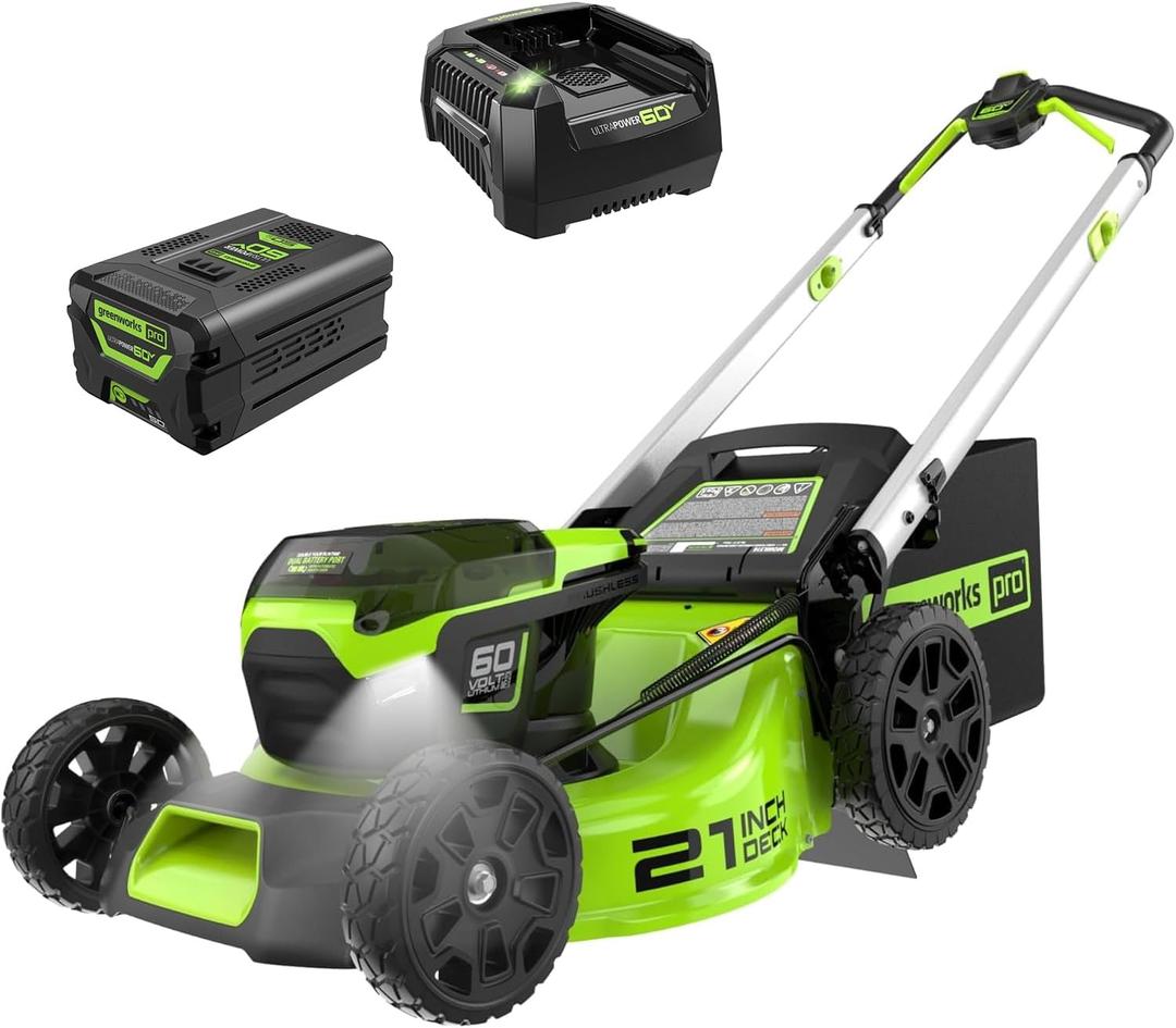 Greenworks 60V 21" Cordless Lawn Mower  5.0Ah Battery & Rapid Charger(75+ Tool Compatibility, 60Min Runtime)