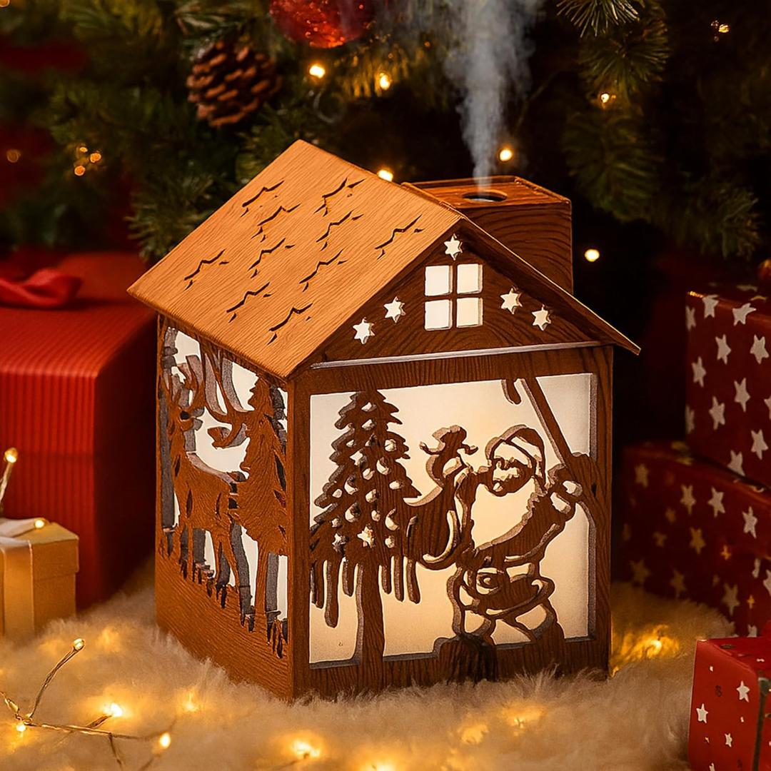 Mini Christmas Humidifier, 240ml Cool Mist Wooden House Humidifier with Santa Silhouette, 7-Color LED Lights, USB Powered, Quiet & Auto Shut-Off for Bedroom Home Office (Light Wood)