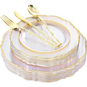 Liacere 150PCS Clear Gold Plastic Plates - Disposable Plastic Silverware with Glitter Bamboo Handle Cutlery-Baroque Clear Gold Disposable Plates for Wedding & Party & Easter Day & Mother's Day (Floral)