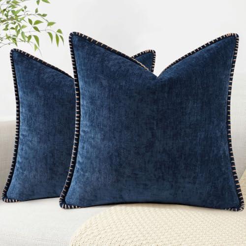 decorUhome Chenille Soft Throw Pillow Covers 18"x18" Set of 2, Farmhouse Velvet Decorative Pillow Covers with Stitched Edge for Couch Sofa Bed, Poseidon