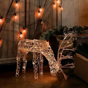 Alpine Corporation 24" Tall Outdoor Rattan Grazing Reindeer Lawn Decoration with White LED Lights, Indoor/Outdoor Christmas Holiday Yard Decor Garden Display