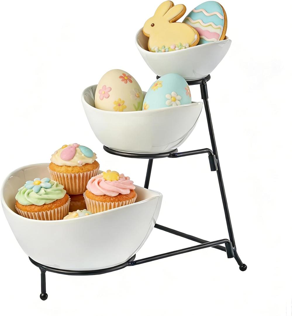 LYEOBOH 3 Tier Serving Bowls Set with Collapsible Thicker Metal Stand, Oval Serving Dishes for Entertaining Tiered Serving Stand for Fruit, Dessert, Candy, Chip and Dip (Black)