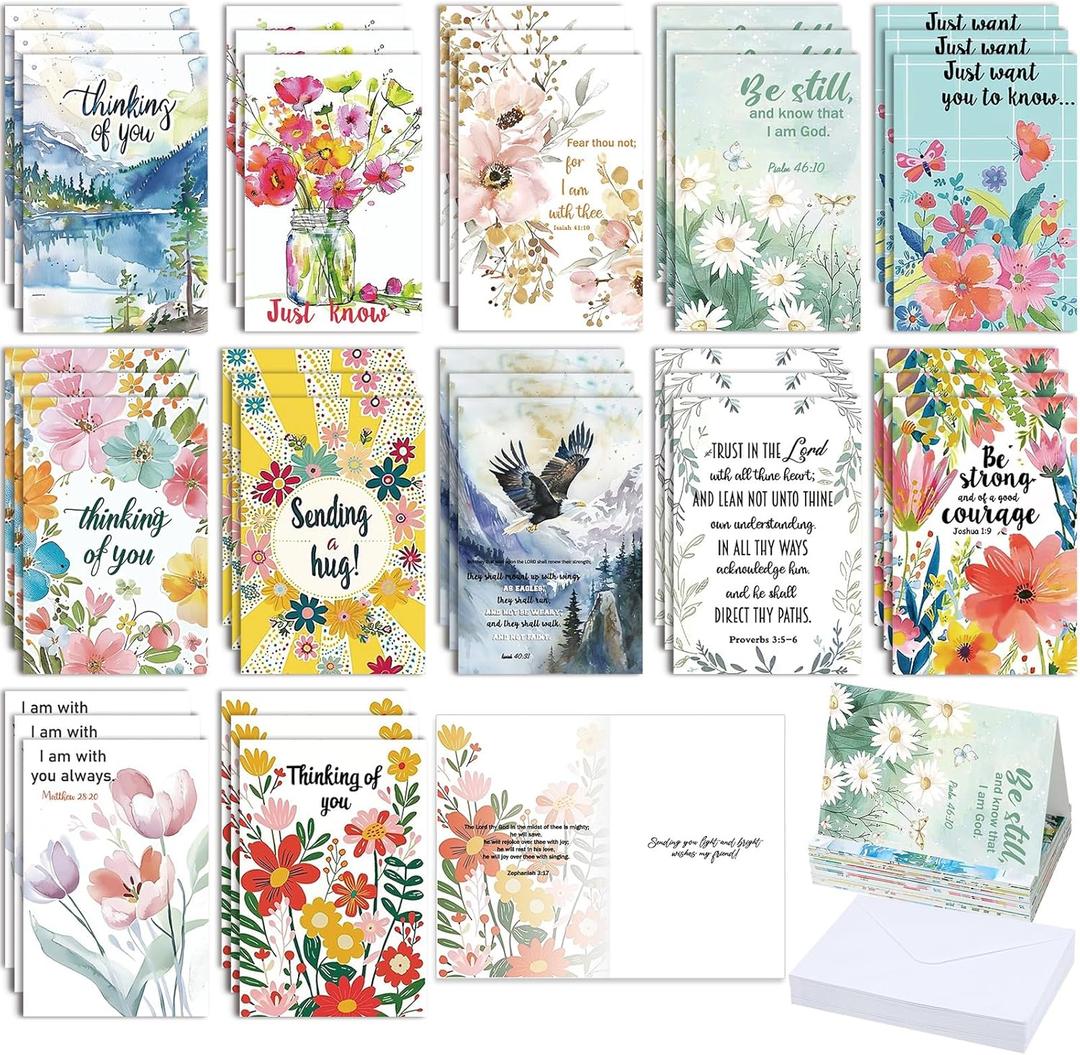 36 Pcs Religious Thinking of You Cards Bulk with Envelopes with Water Glue Scripture Verses Christian Greeting Cards Faith Based Inspirational Boxed Assortment Gift(Blessing)