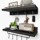 Wood Floating Shelves with Metal Hooks, Wall Mounted Coat Rack with Shelf Set of 2, Bathroom Wall Shelf with Removable Towel Bar, Hanging Shelves with 9 Hooks for Kitchen Entryway Coffee Bar, Black